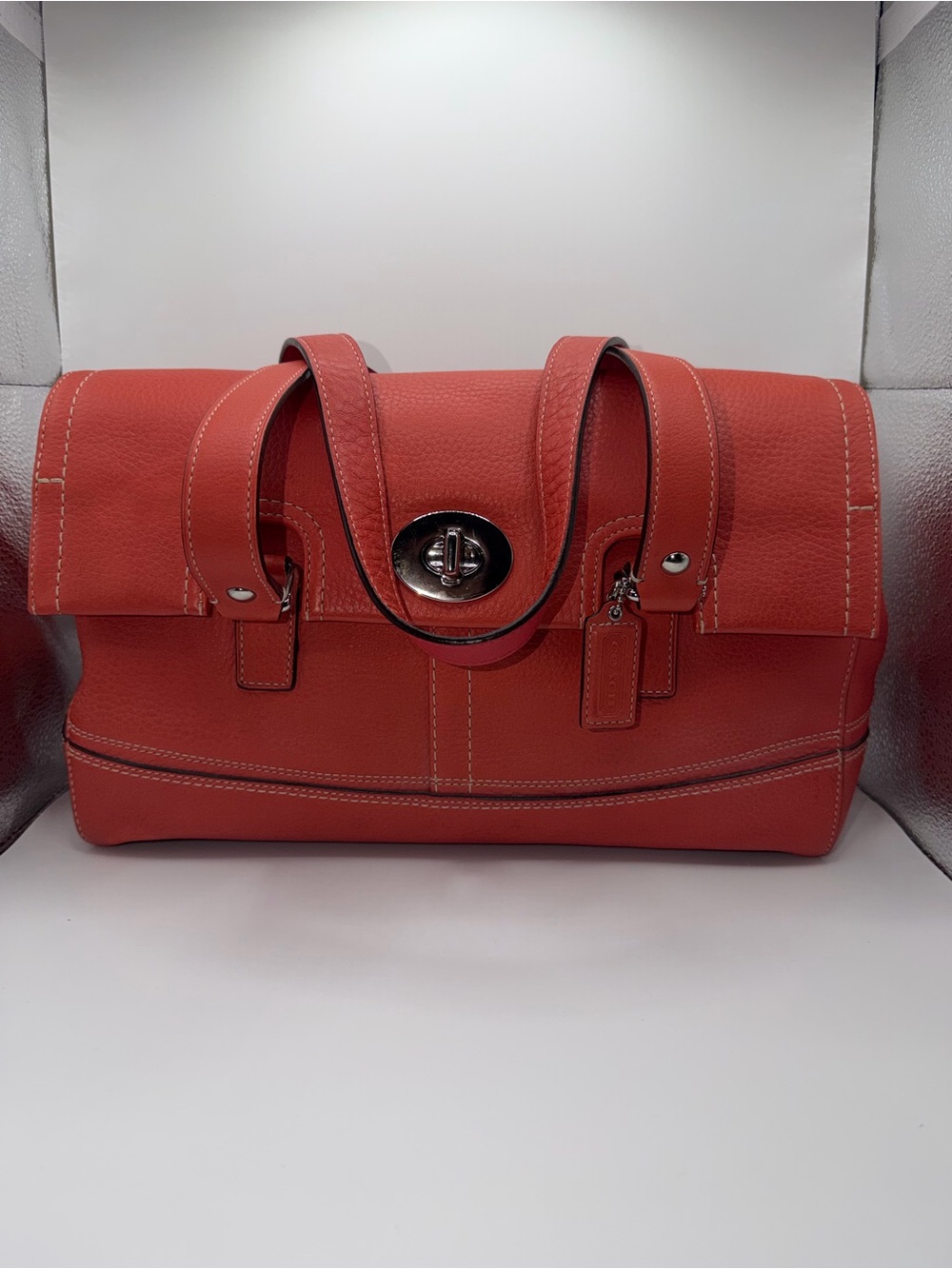 Coach Coral Red Pebble Leather Satchel with Silver Turnlock